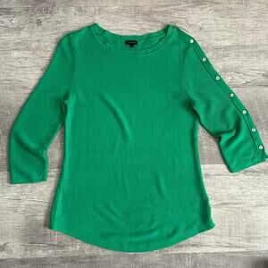 Talbots Links Button Detailed Sweater Womens M Green 3/4 Sleeve Curved Hem